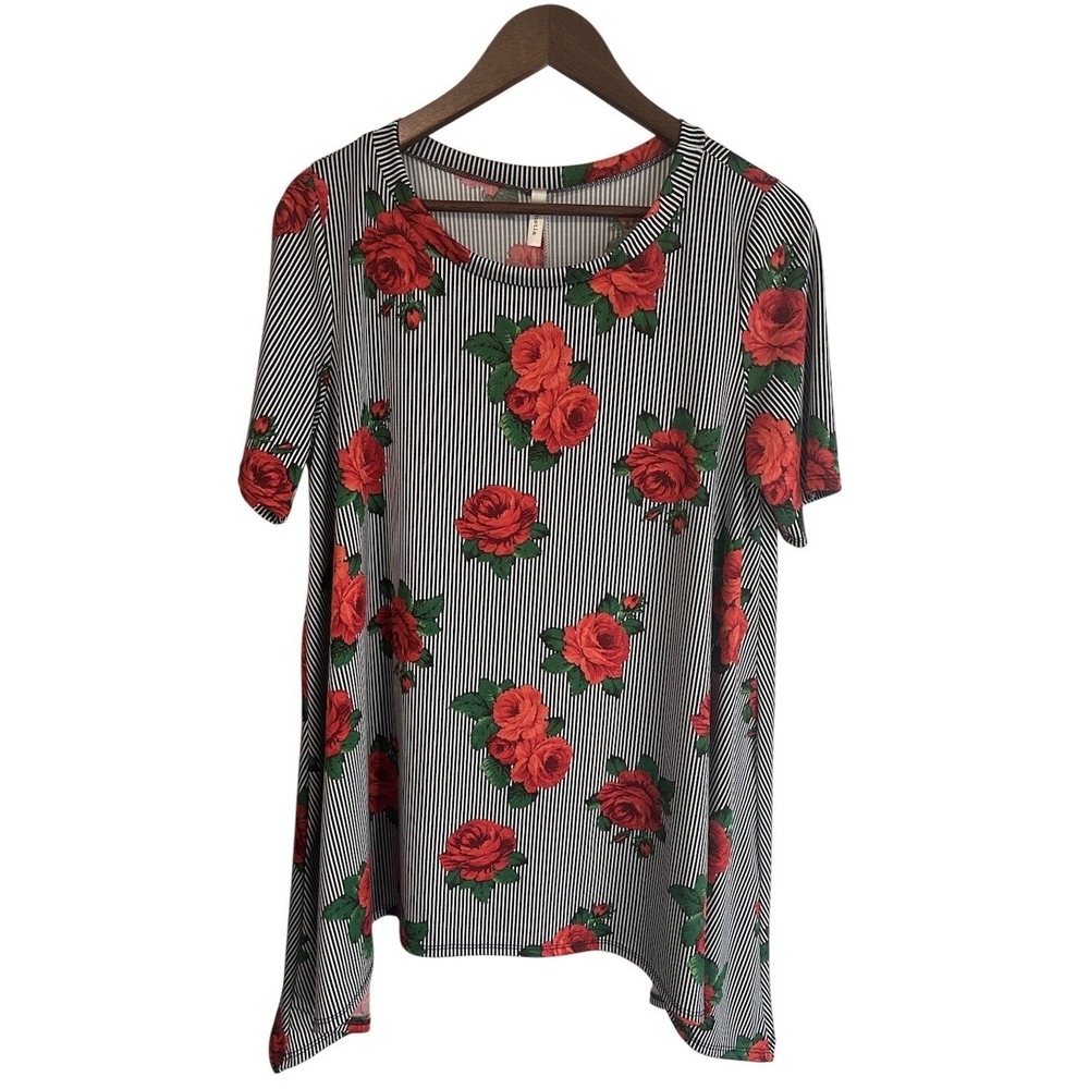 Emetla Tunic Top Women N/A Black White Red‎ Excellent Rose Stripe Sharkbite Hem